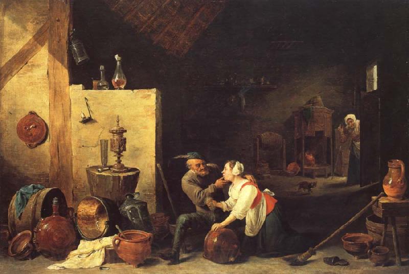 David Teniers An Old Peasant Caresses a Kitchen Maid in a Stable Spain oil painting art